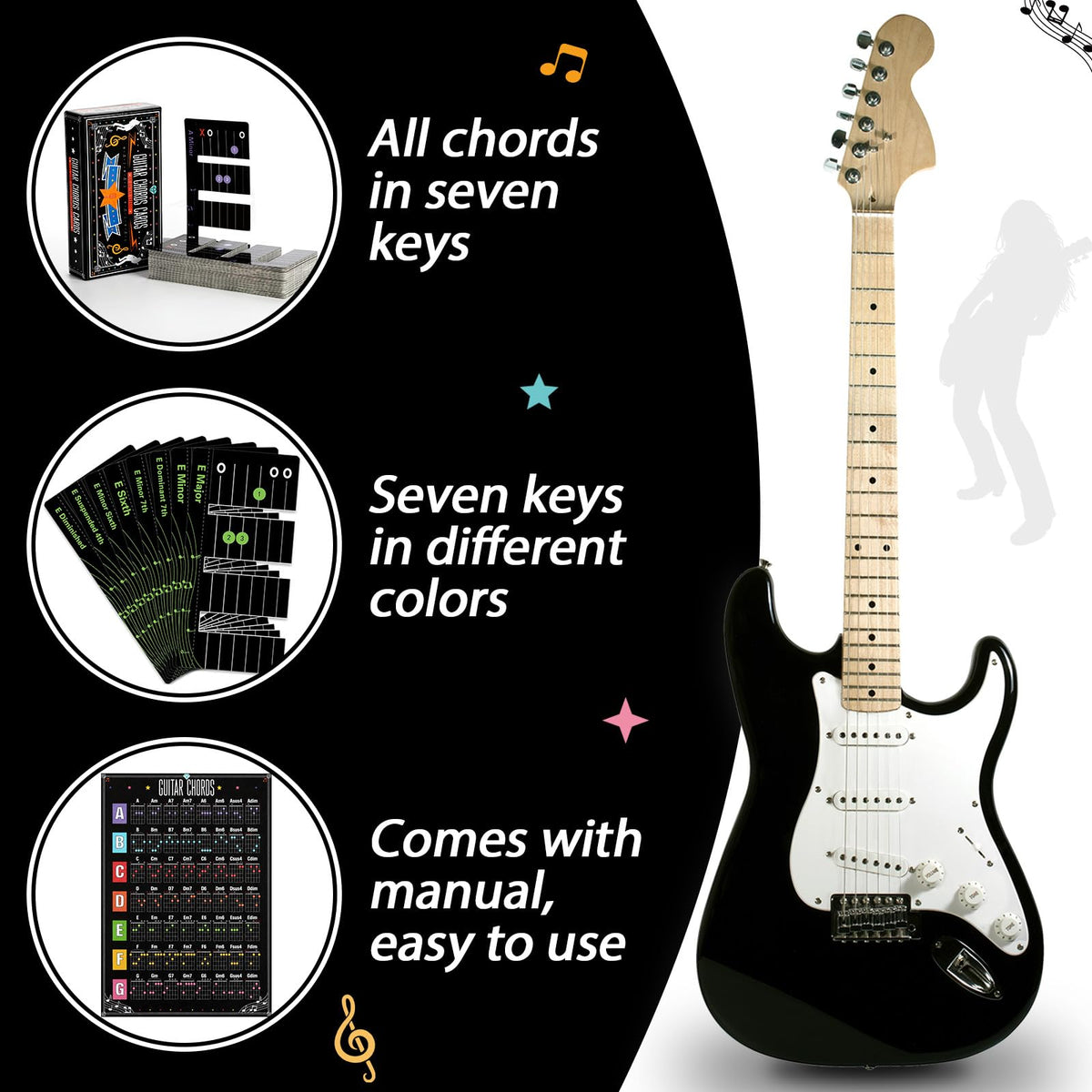 56Pcs Guitar Chord Charts Guitar Training Cards for Beginner Fretboard Learning Aid Guitars Practice Flashcard Chord Diagram Music Teaching Tool for Acoustic Electric Learner Music Lover Gift (Black)