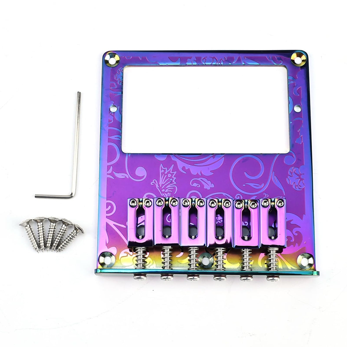OVSAL 10.5mm Engraved Stainless Steel Fixed Electric Guitar Bridge Humbucker Pickup Hole 6-string Guitar hardtail Bridge for Telecaster Tele TL Style Electric Guitar Replacement Parts (Purple)