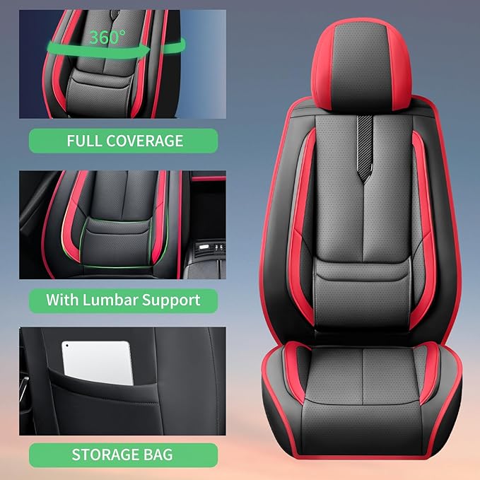 Fit Insight Car Seat Covers for Honda Insight 2010-2021 2022-Upgraded Premium Waterproof & Breathable Leather,Airbag Compatible,All-Weather Seat Cushion Protector,2 Front/Black-Red