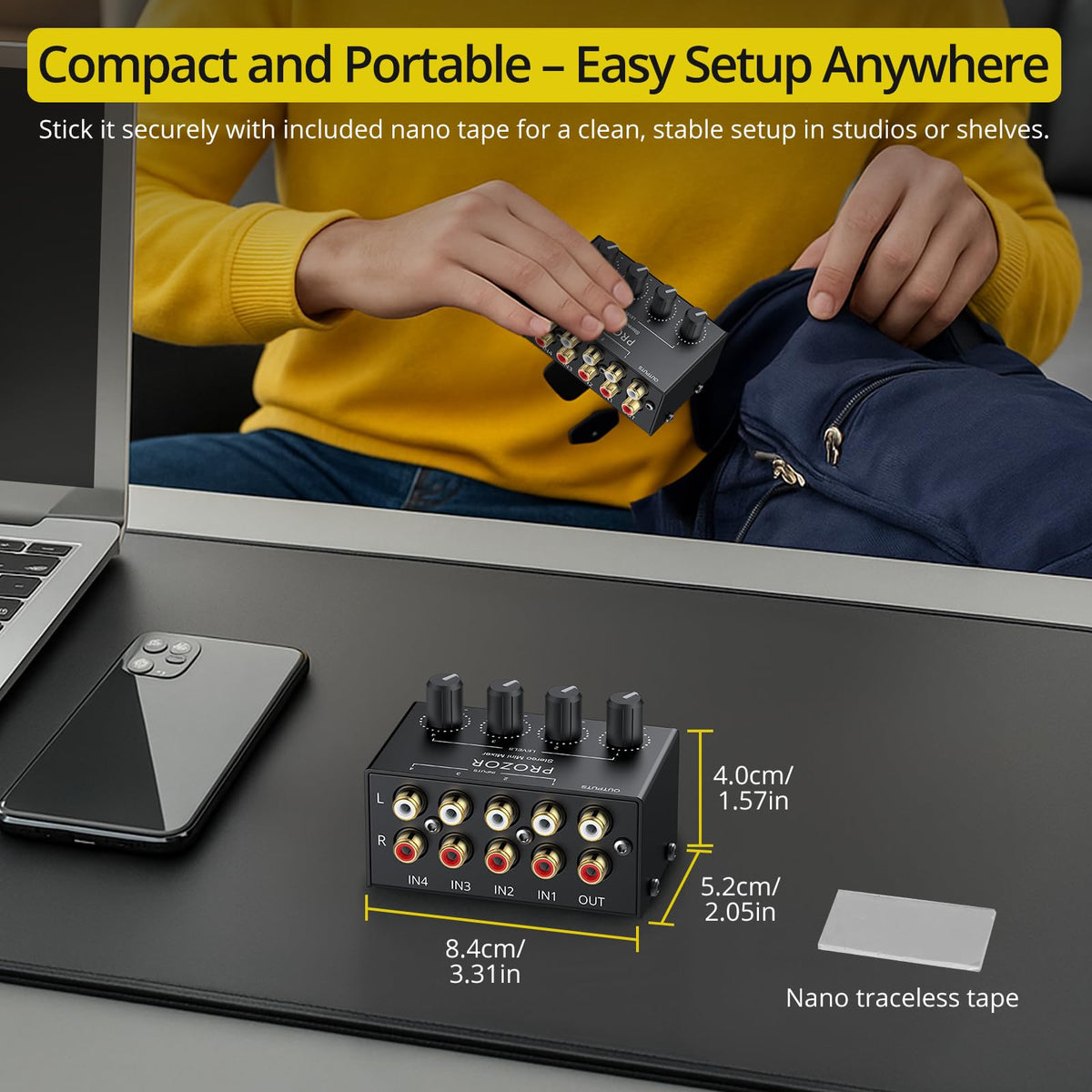 PROZOR 4-Channel Stereo Audio Mixer, RCA Input Independent Volume Controls