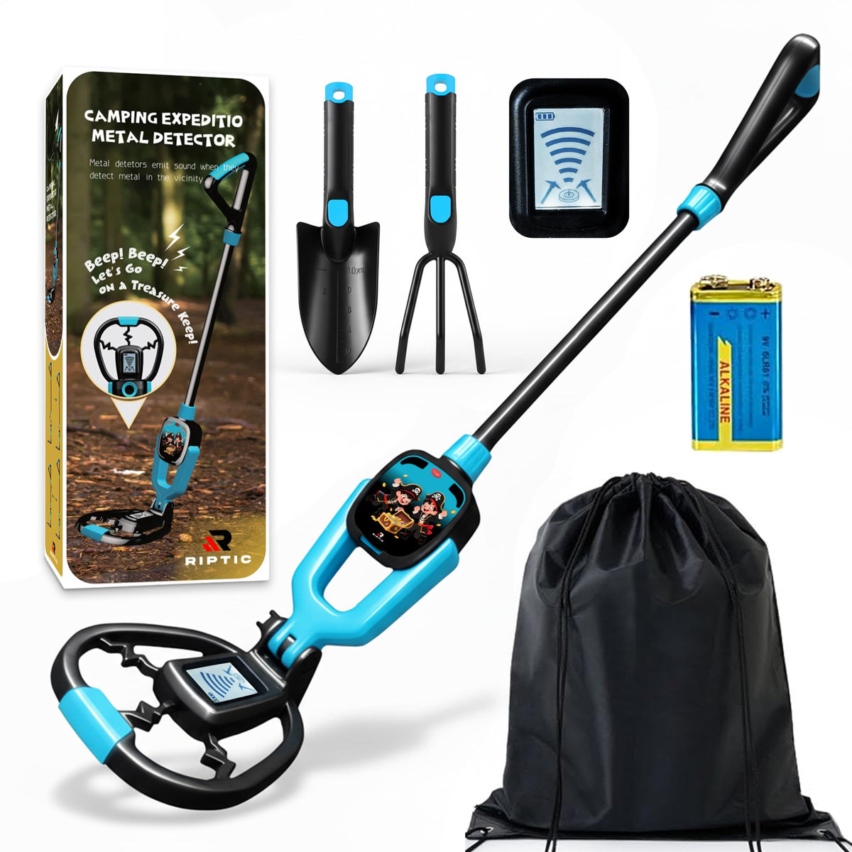 RIPTIC Metal Detector for Kids – Lightweight Kids Metal Detector with Adjustable Stem, LED Depth Display, Waterproof Search Coil, Shovel, Rake & Carry Bag – Outdoor Treasure Hunting Kit