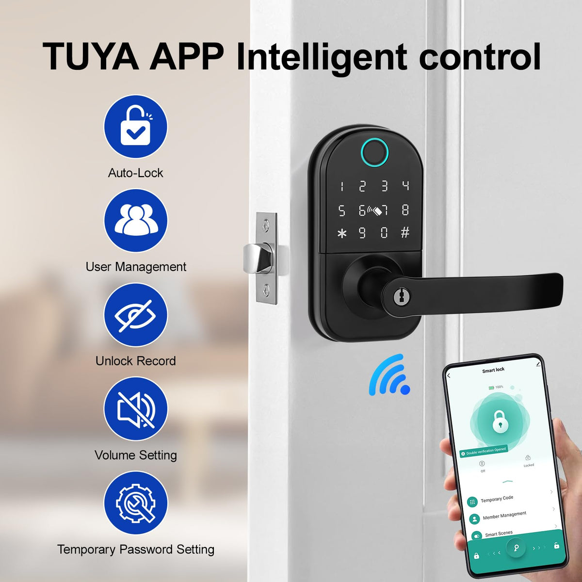 GUSEI Keyless Entry Fringerprint Smart Matter Biometric Door Deadbolt Lock with Handle, 5-in-1 Keypad Digital Electronic Matter Lock with Code,App,Card and Keys for Bedroom Front Officce Doors