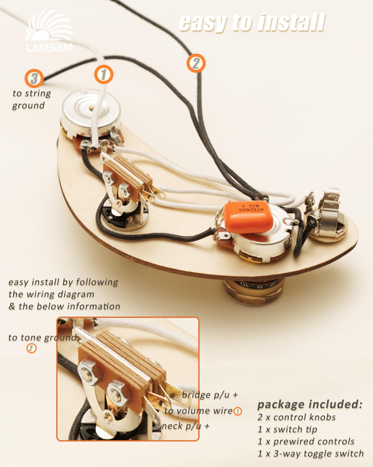LAMSAM Prewired Wiring Harness Kit for Epiphone SG Special II Style Electric Guitars, Brass Shaft Full Size 500K Potentiometers, Orange Capacitor, 3-Way Toggle Switch, Mono Output Jack (Black/Gold)