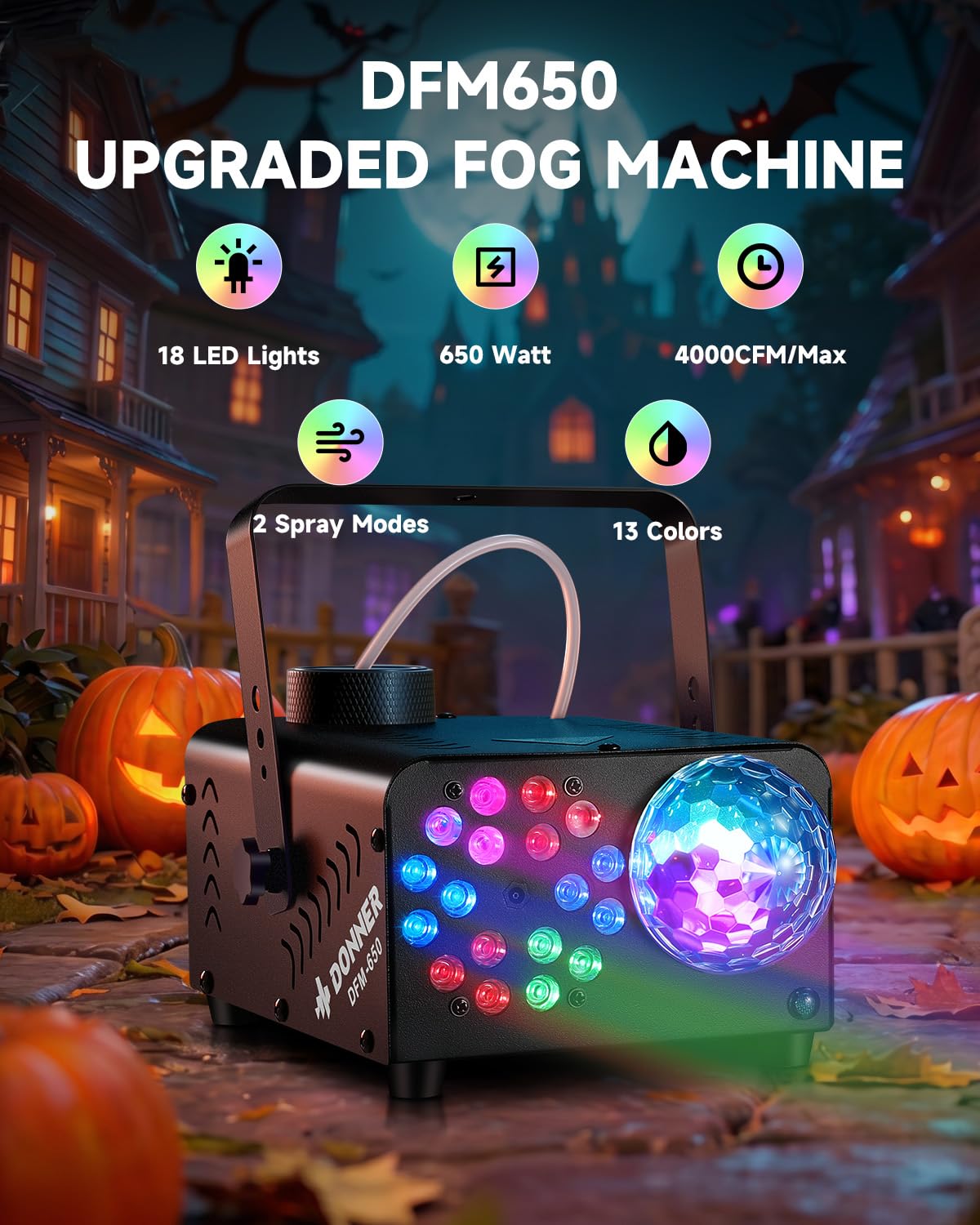 Fog Machine, Smoke Machine with Disco Ball Lights, 18 LED Beads & 13 Colors