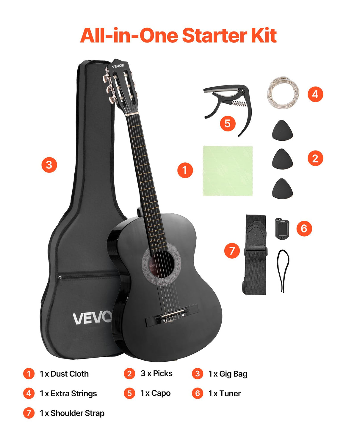 VEVOR Classical Guitar, 38 Inch, Wood Classical Guitar Starter Kit for Beginners, with Nylon Strings, Gig Bag, Strap, Tuner, Extra Strings, Picks, Capo, Basswood, for Teenagers Adults Students, Black