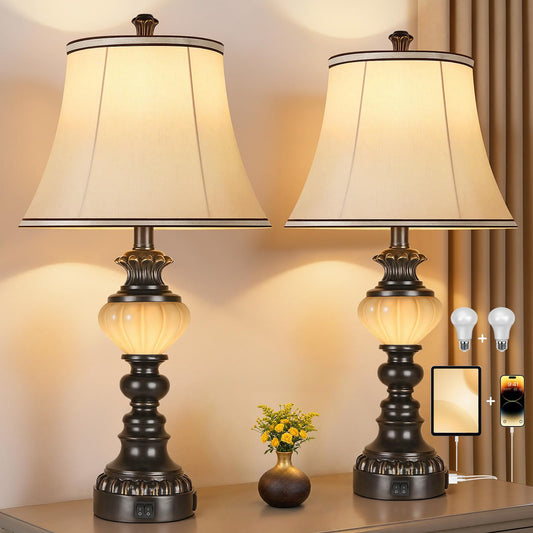27'' Farmhouse Tall Table Lamps Set of 2 for Living Room, Traditional Vintage Bedside Table Lamps with Nightlight and USB Ports, Boho Nightstand Lamp for Bedroom End Table (Bulbs Included), Dark Brown