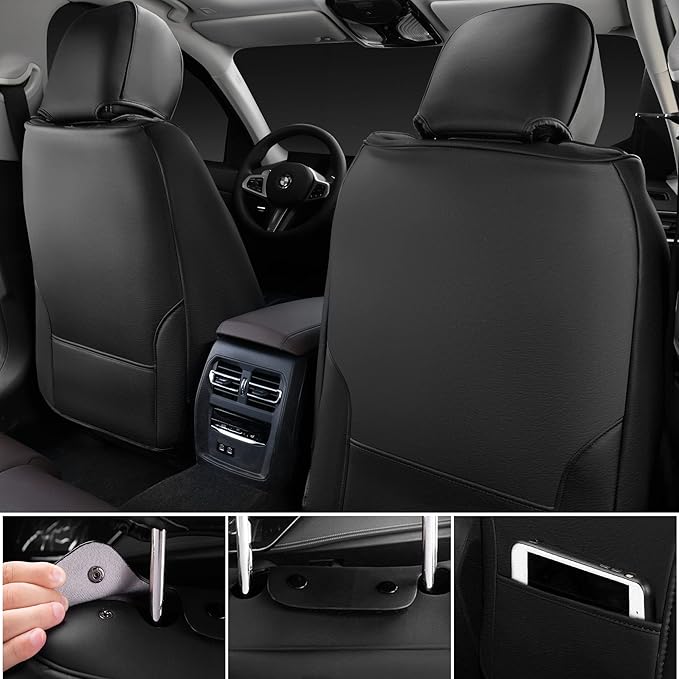 CAR PASS Nappa Leather Holographic Laser Car Seat Covers Front Seats Only Cushioned, Waterproof Waist Protector Universal fit for SUV Truck Pickup Luxury Stylish Elegant for Women Black Silver Strips