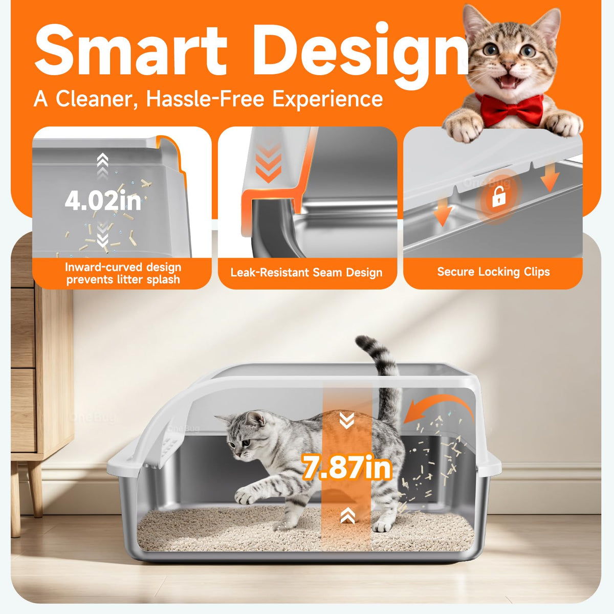 Stainless Steel High-Sided Cat Litter Box with Scoop - Medium,Gray