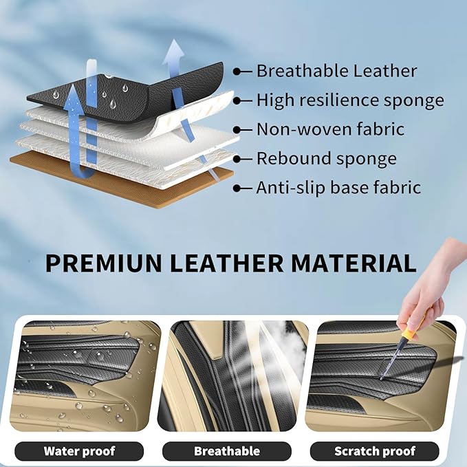 Fit Frontier Car Seat Covers Premium Leather for Nissan Frontier 2009-2025 2026. Waterproof， Breathable, Scratch-Resistant & All-Weather Seat Cushion Protector（Full Set,Beige&Black