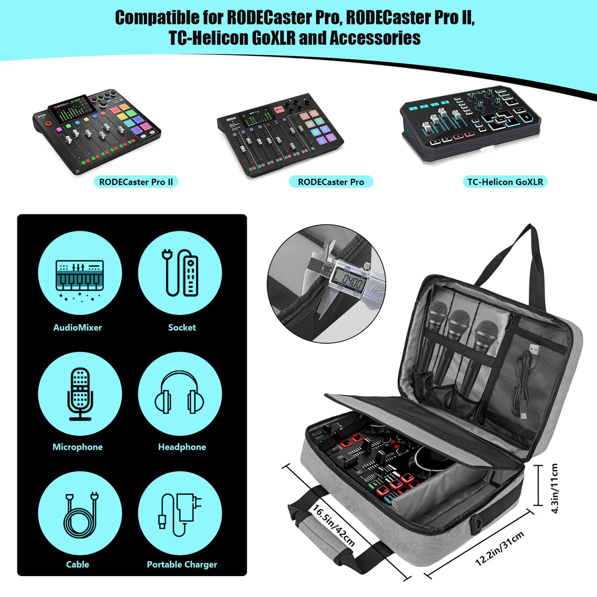 Muscab Audio Mixer Case 0.4 Inch Padded DJ Mixer Bag Travel Padded Case for Audio Mixers, DJ Controllers & Equipment Compatible with RODECaster Pro,RODECaster Pro II,TC-Helicon GoXLR-Grey