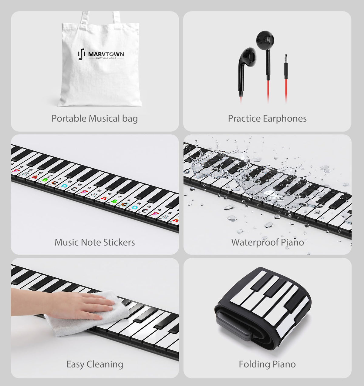 MARVTOWN 49Key Roll Up Digital Piano Keyboard,Portable Foldable Electronic Piano with speaker,earphones,8 Tones,6 Demo Songs,Rechargeable Flexible musical keyboard for Beginners&Kids(Black&White)