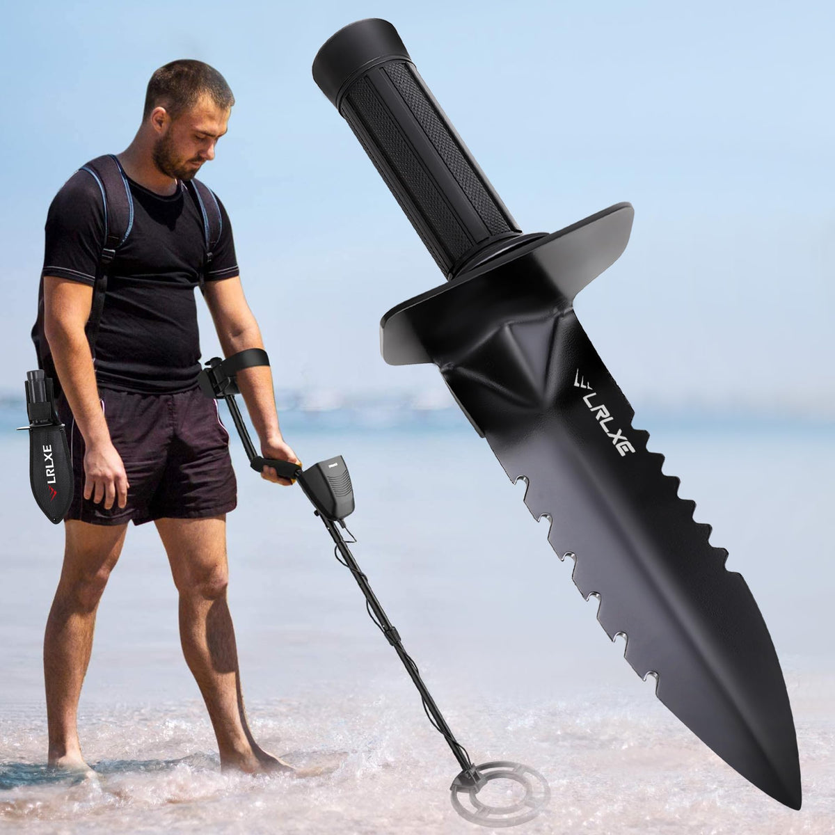 LRLXE Metal Detector Shovel, Heavy Duty Double Serrated Edge Digging Tool