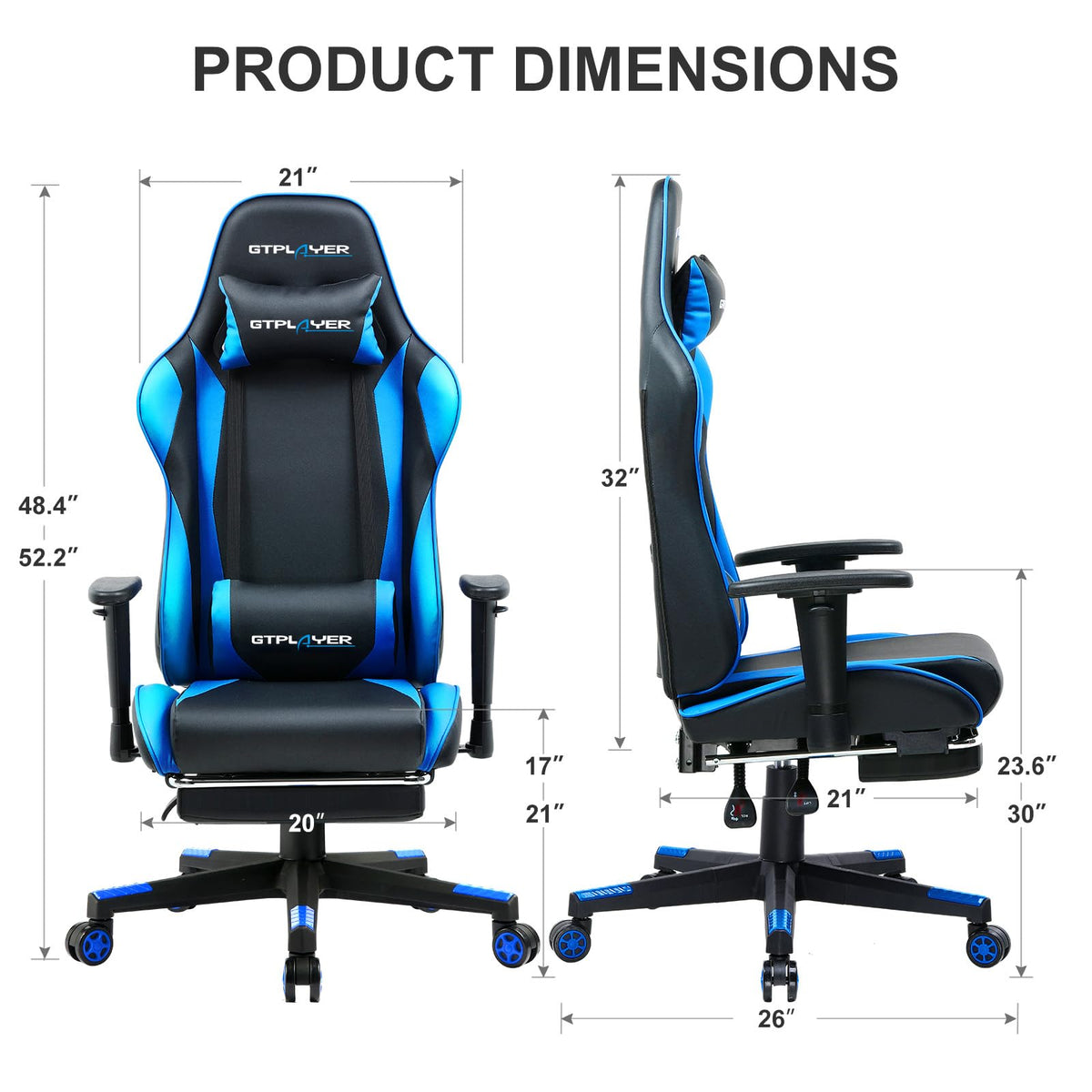 GTPLAYER Gaming Chair with Footrest, Ergonomic Computer Game Desk Chair, Reclining Gamer Chair Seat Height Adjustment, Swivel Rocker with Headrest and Lumbar (Blue)