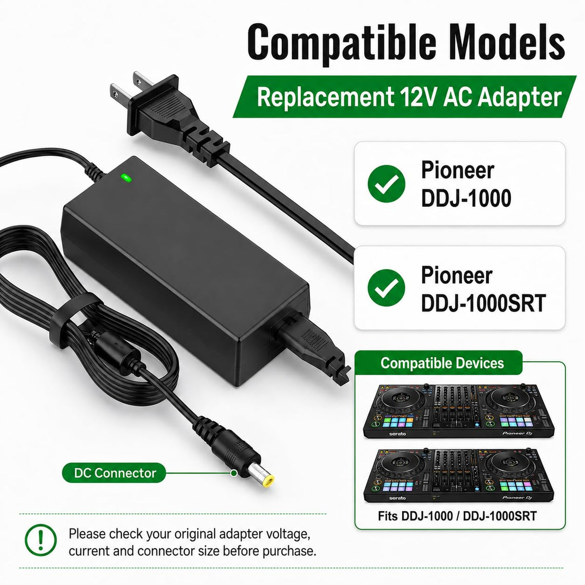 12V AC Adapter Power Supply Compatible with Pioneer DDJ-1000 DDJ-1000SRT DJ Controller, Replacement Charger Cord for DDJ 1000 SRT, DJ Controller Power Adapter