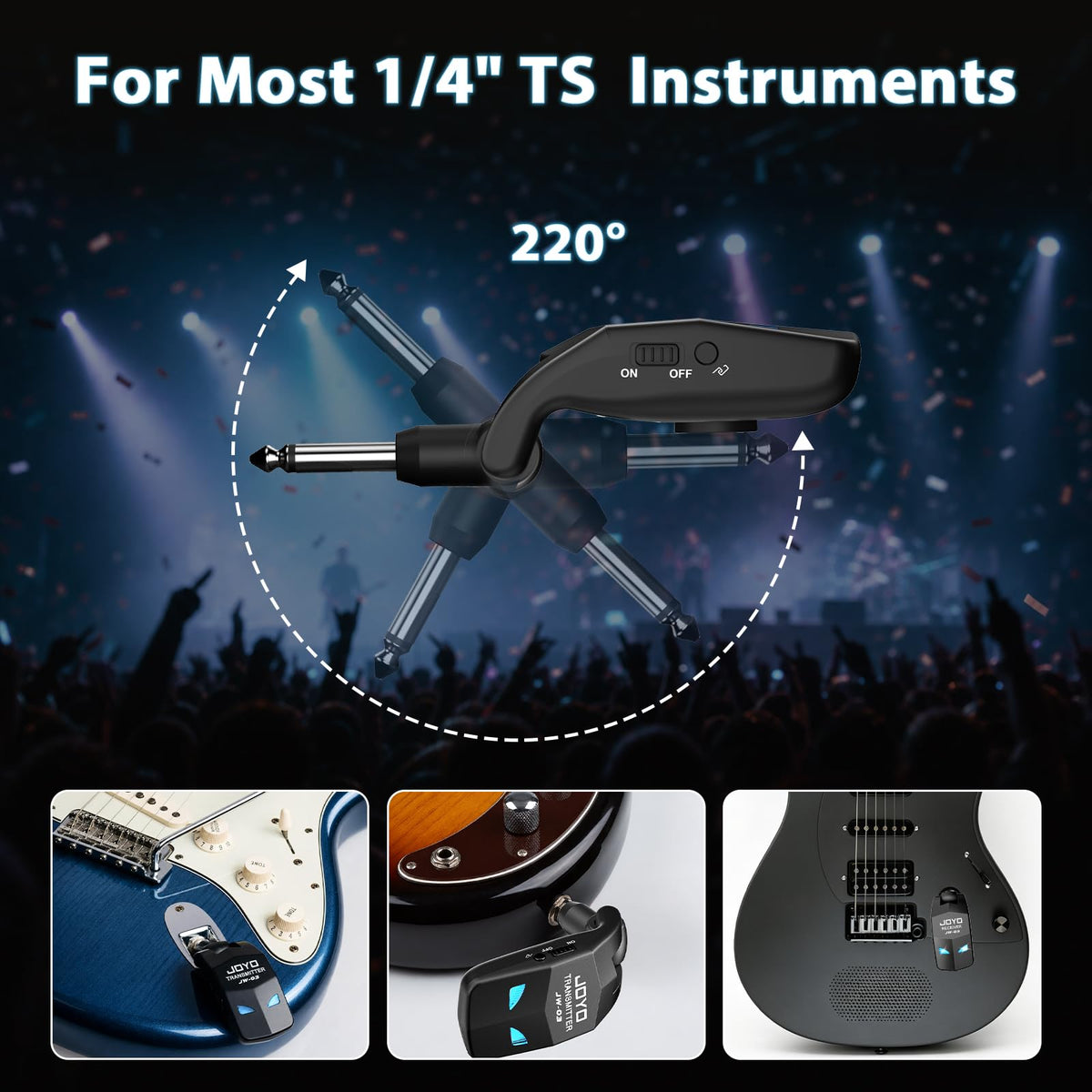 JOYO 2.4GHz Wireless Guitar System Rechargeable Transmitter and Receiver 4 Selectable Channels, 5ms Low Latency, 65ft Range, Up to 8 Hour Battery for Electric Guitar, Bass & Acoustic (JW-03)