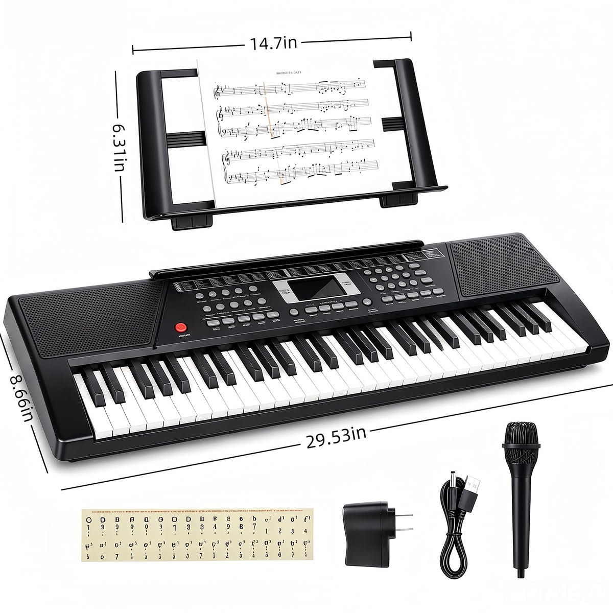 61 Key Keyboard Piano,Portable Electronic Digital Piano for Beginners with Built-In Speaker Microphone,Piano Note Stickers,Sheet Music Stand and Power Supply
