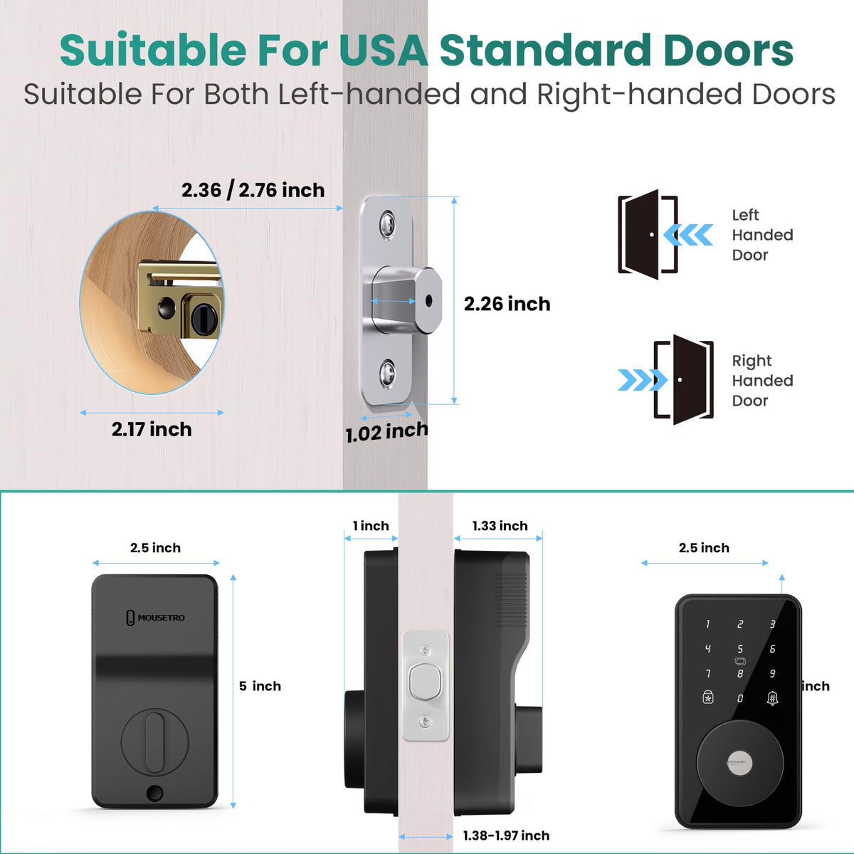 MOUSETRO Smart Lock, 4-in-1 Keyless Entry Door Lock for Front Door, Digital Door Lock with Keypad, Bluetooth Smart Deadbolt, App Control