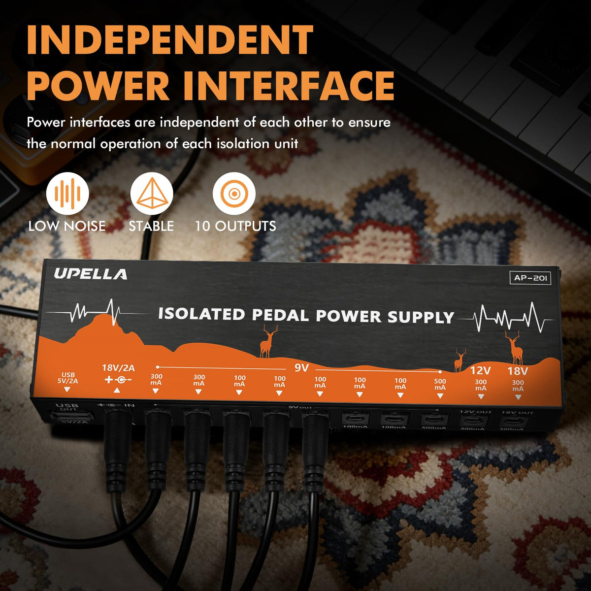 UPELLA AP-201 Guitar Pedal Power Supply, True Isolated Pedal Power Supply with USB Port, 10 Ports, Independent Guitar Pedal Power DC Output 9V/12V/18V for Effect Pedal