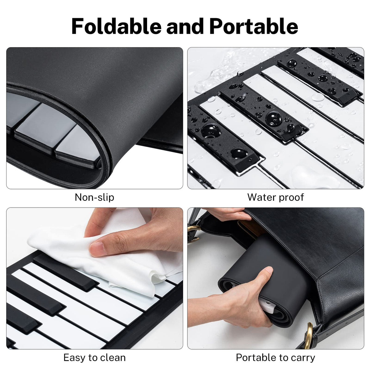 POGOLAB 49 Key Roll Up Keyboard Piano, Portable Digital Electric Foldable Piano Keyboard, Rechargeable, 47 Tones, 14 Educational Demo Songs, for Beginners Gift (Black & White)