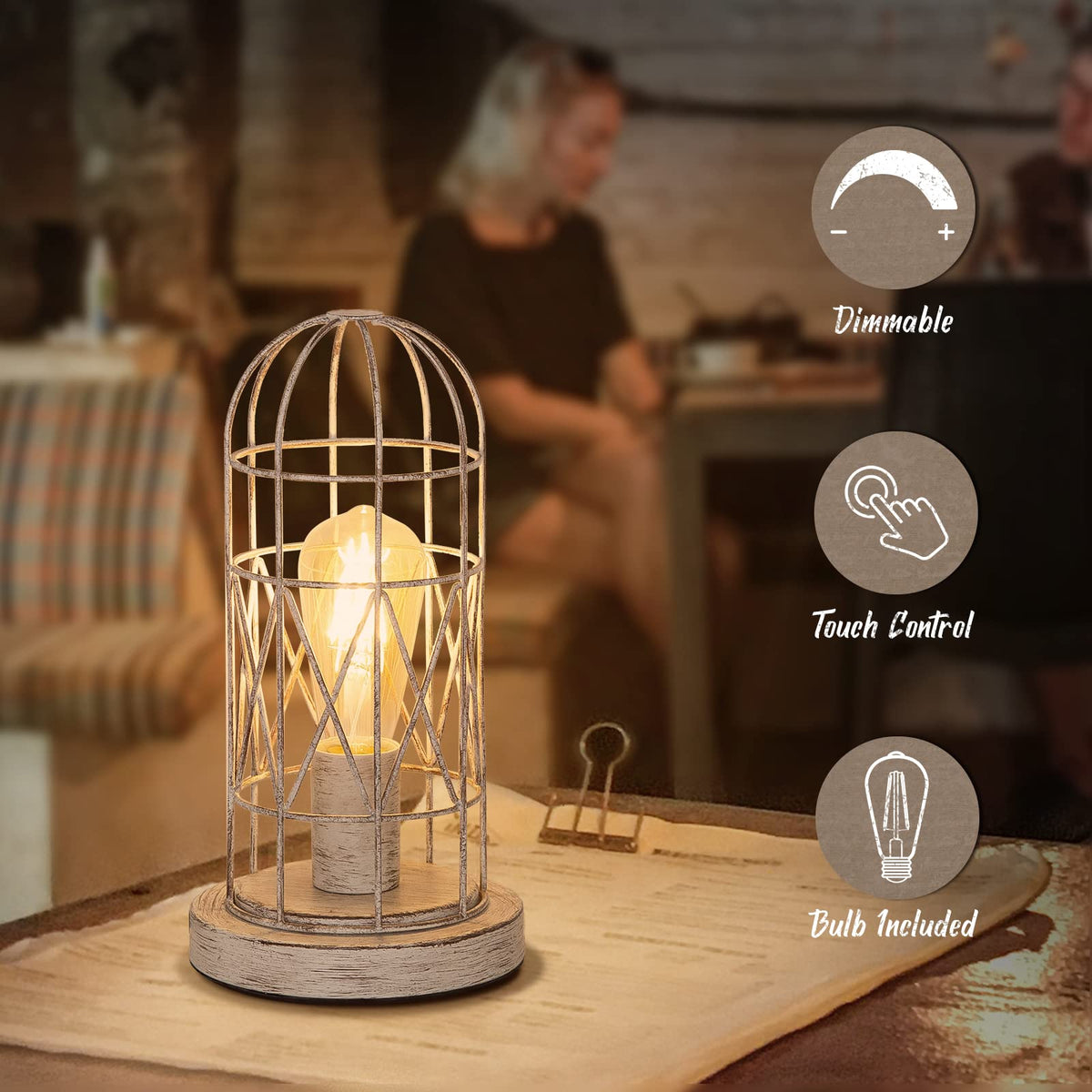 Small Table Lamp, 3-Way Dimmable Bedside Lamp with Brushed White Oak Cage