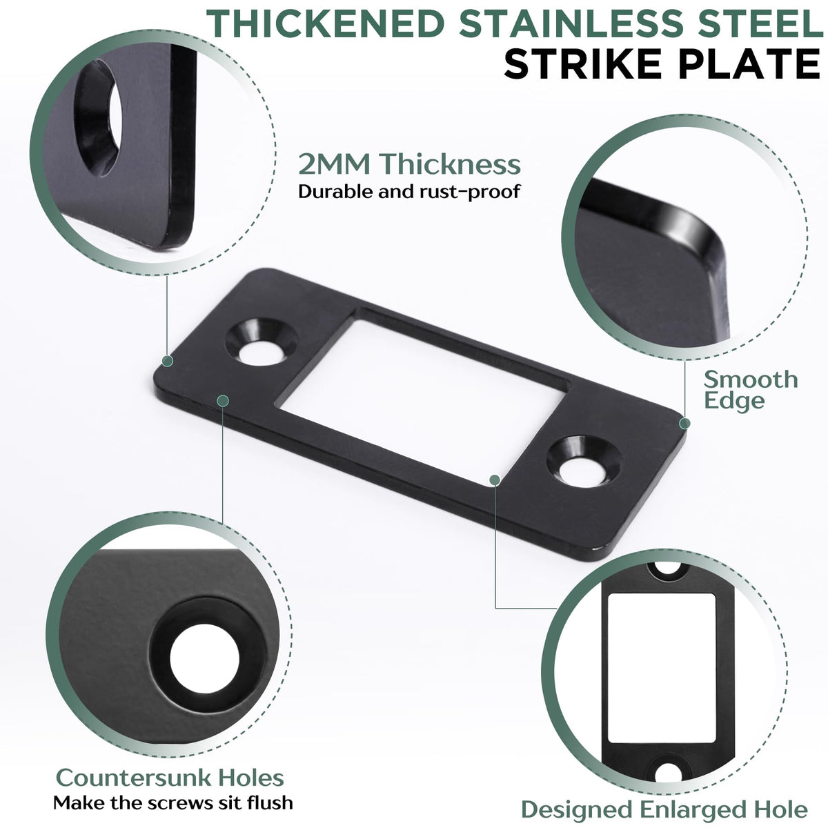 2 Pk Upgrade Large Hole Deadbolt Restorer Strike Plates, Stainless Steel Round Corner Latch Strike Plate with Wood Dowel Strips,Universal Backplate for Home Door Easy Repair Misalignment（Matte Black）