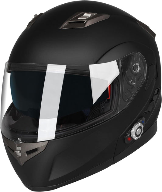 FreedConn BM2-S Bluetooth Motorcycle Helmet, Flip-Up Modular Motorbike Helmet, 500M Connectivity for 2-3 Riders, Voice Dial, Hands-Free Call, MP3, FM, DOT Certified (Large, Matte Black)