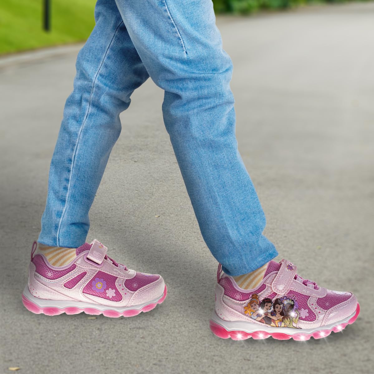 Disney Princess Shoes LED Light Up - Cinderella Snow White Belle Tiana - Girls Athletic Lightweight Tennis Breathable Running Sneakers - Pink (Size 10 Toddler)