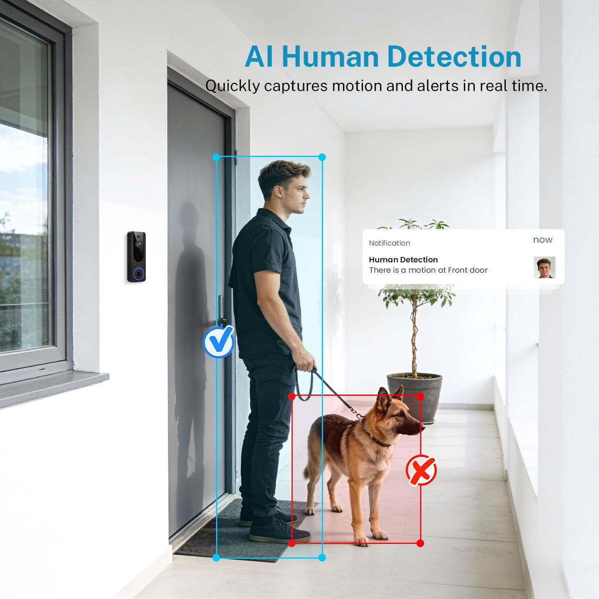 Cookedixo 1080P Video Doorbell Camera Wireless, Battery Powered, Night Vision, 2-Way Audio, Smart AI Human Detection, Cloud Storage, Home Security Doorbell