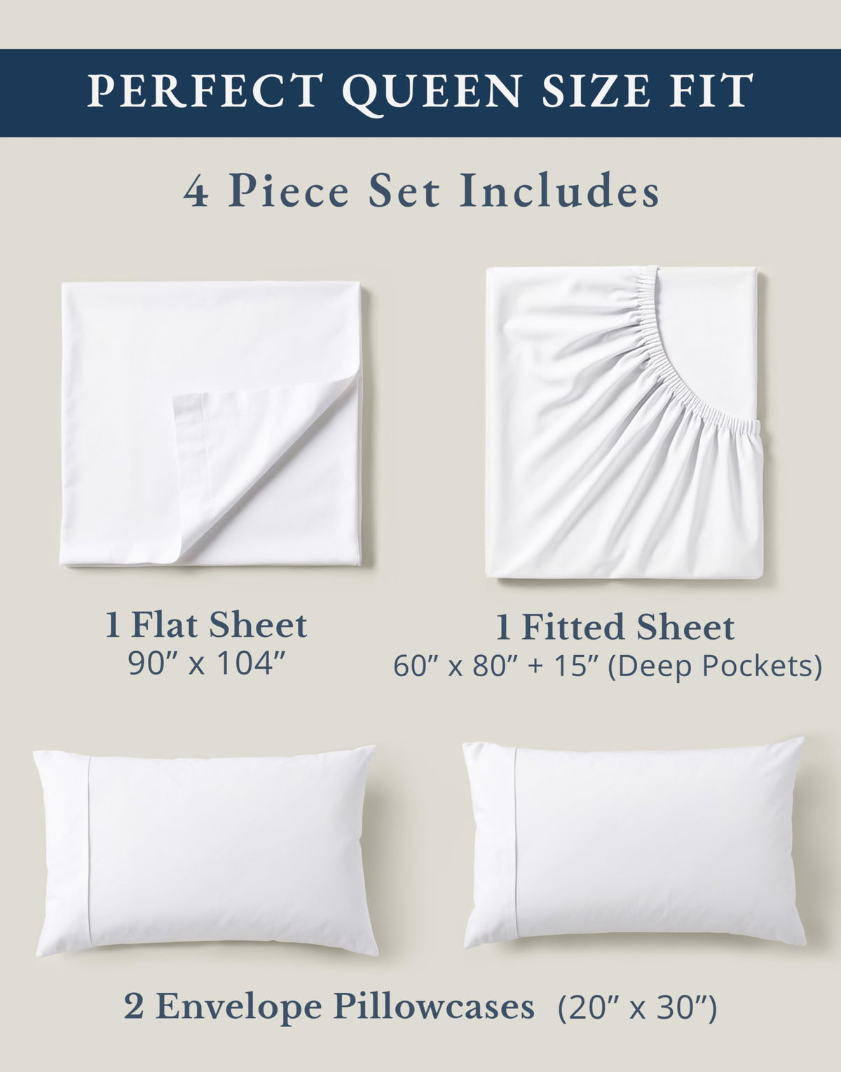 LANE LINEN Queen Sheets 100% Organic Cotton 4pc Percale Cooling - White