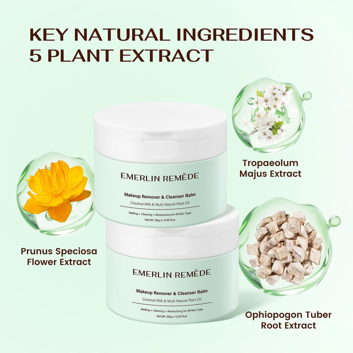 Emerlin Remède Makeup Remover & Cleanser Balm with Coconut Milk & Multi Natrual Plant Oil for Melting, Cleaning And Moisturizing For All Skin Type