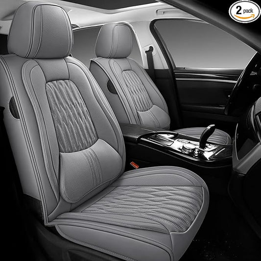WELLDO Car Seat Covers Full Set, Leather Seat Covers for Car, Waterproof Car Seat Protector with Lumbar Support, Automotive Seat Covers Universal Fit for Most Cars SUV Truck, Gray,w02.