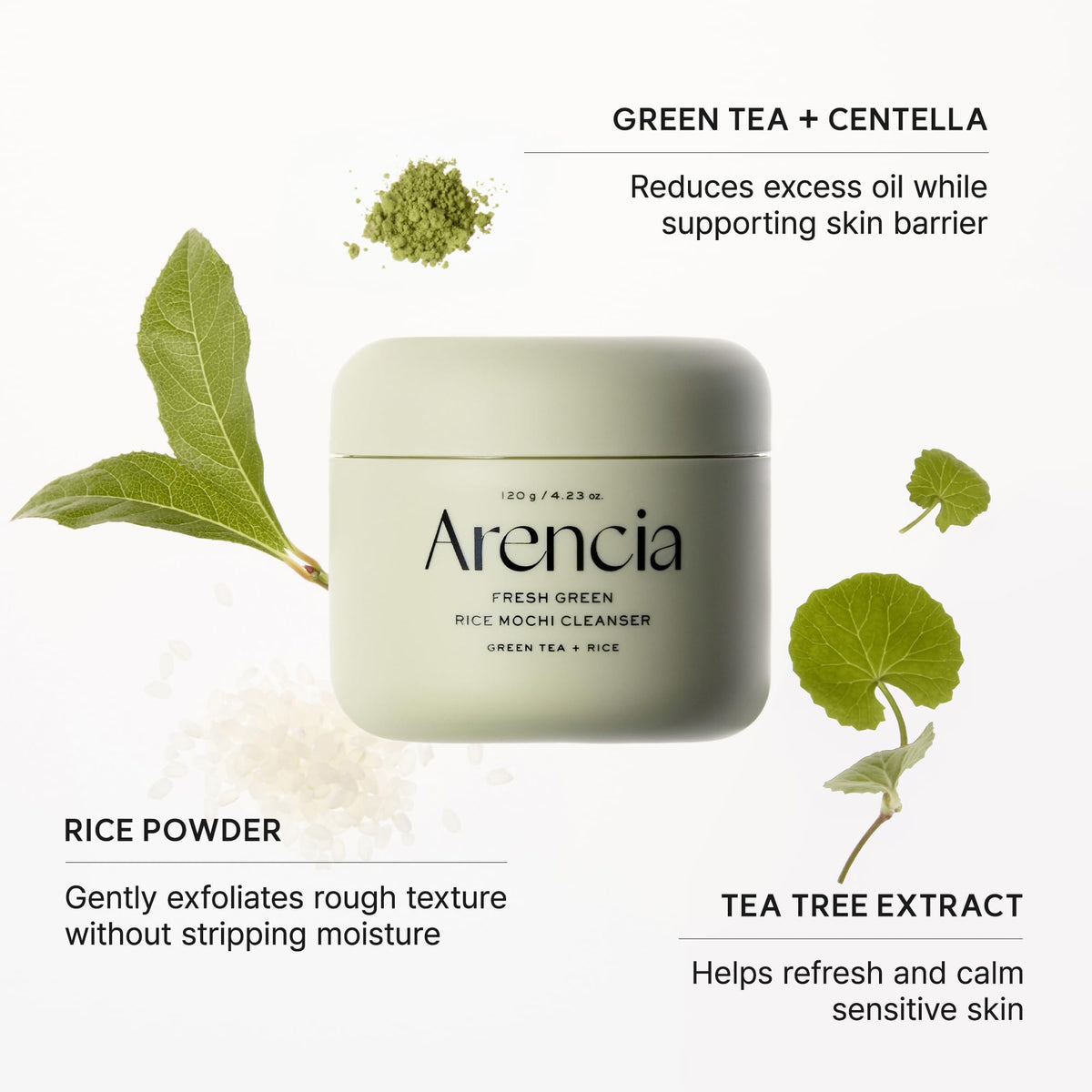 Arencia Korean Rice Mochi Face Cleanser - Face Wash, Gentle Scrub All in One for Deep Cleansing, Moisturizing, Pore Minimizing with Rice Water & Green Tea (4.23oz)
