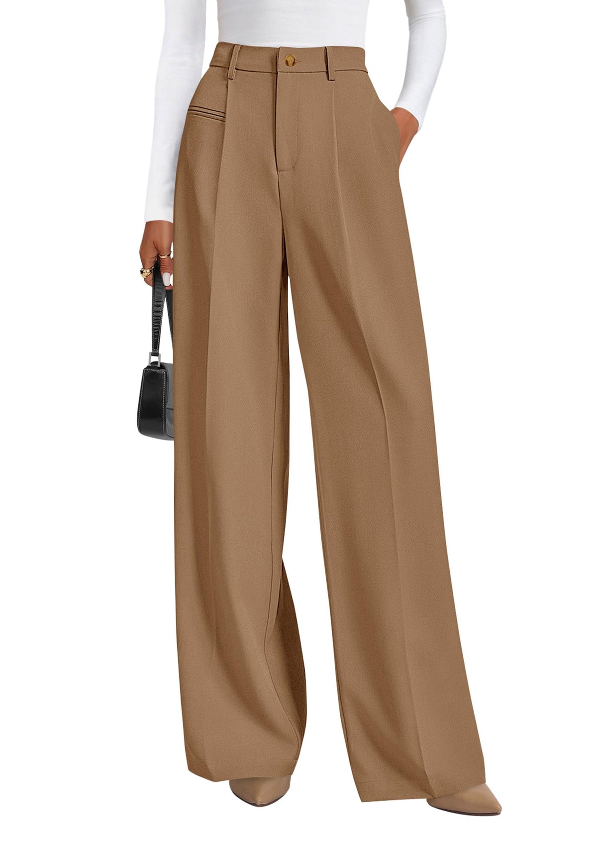 PRETTYGARDEN Women's Tailored Wide Leg Work Dress Pants,Khaki,L