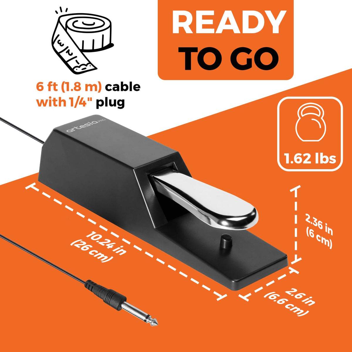 Artesia APII Universal Sustain Pedal with 6 ft (1.8 m) Cable, Polarity Switch, and Non-Slip Bottom, Universal Piano Pedal for Digital Pianos, Piano Keyboards, MIDI Keyboards, and Synthesizers