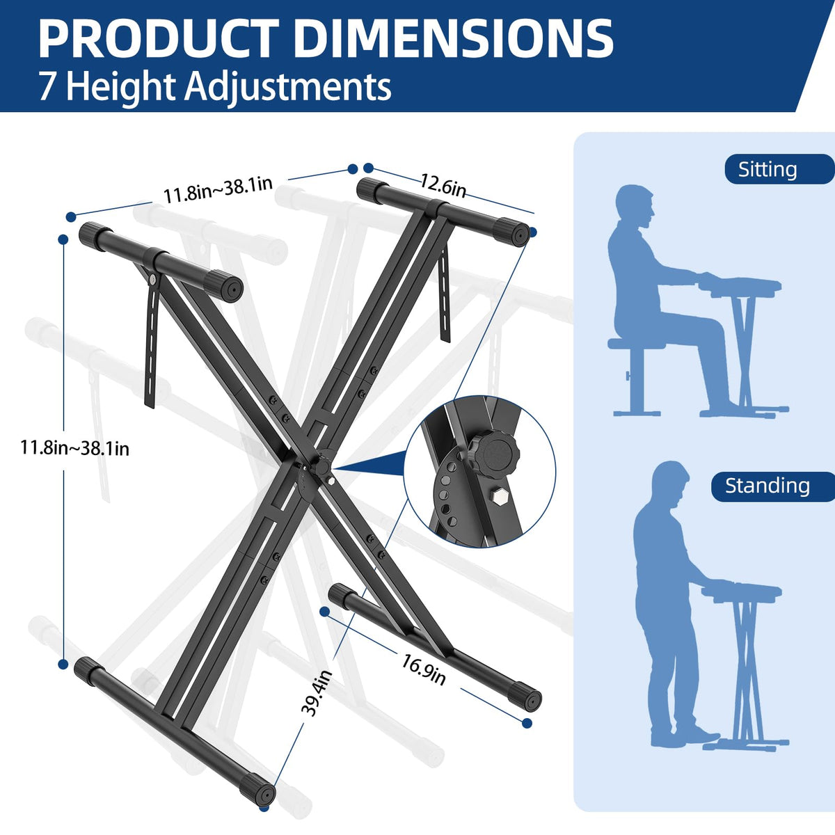 GLEAM Keyboard Stand and Bench Set, Double X Style Digital Piano Stand Height from 19" to 38", Heavy Density Foam Padded Stool from 14" to 18"