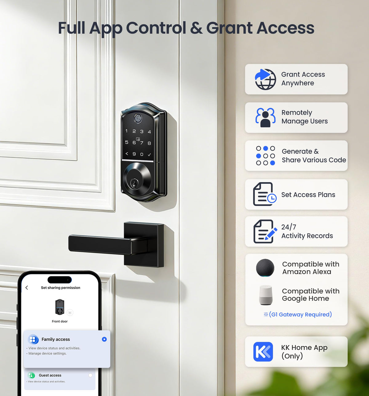 Veise VE017 Fingerprint Smart Door Lock with App Control, Matte Black