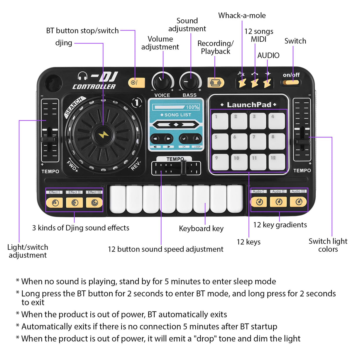 Btuty DJ Controller Mixer with BT 5.0 Microphone Light Effects
