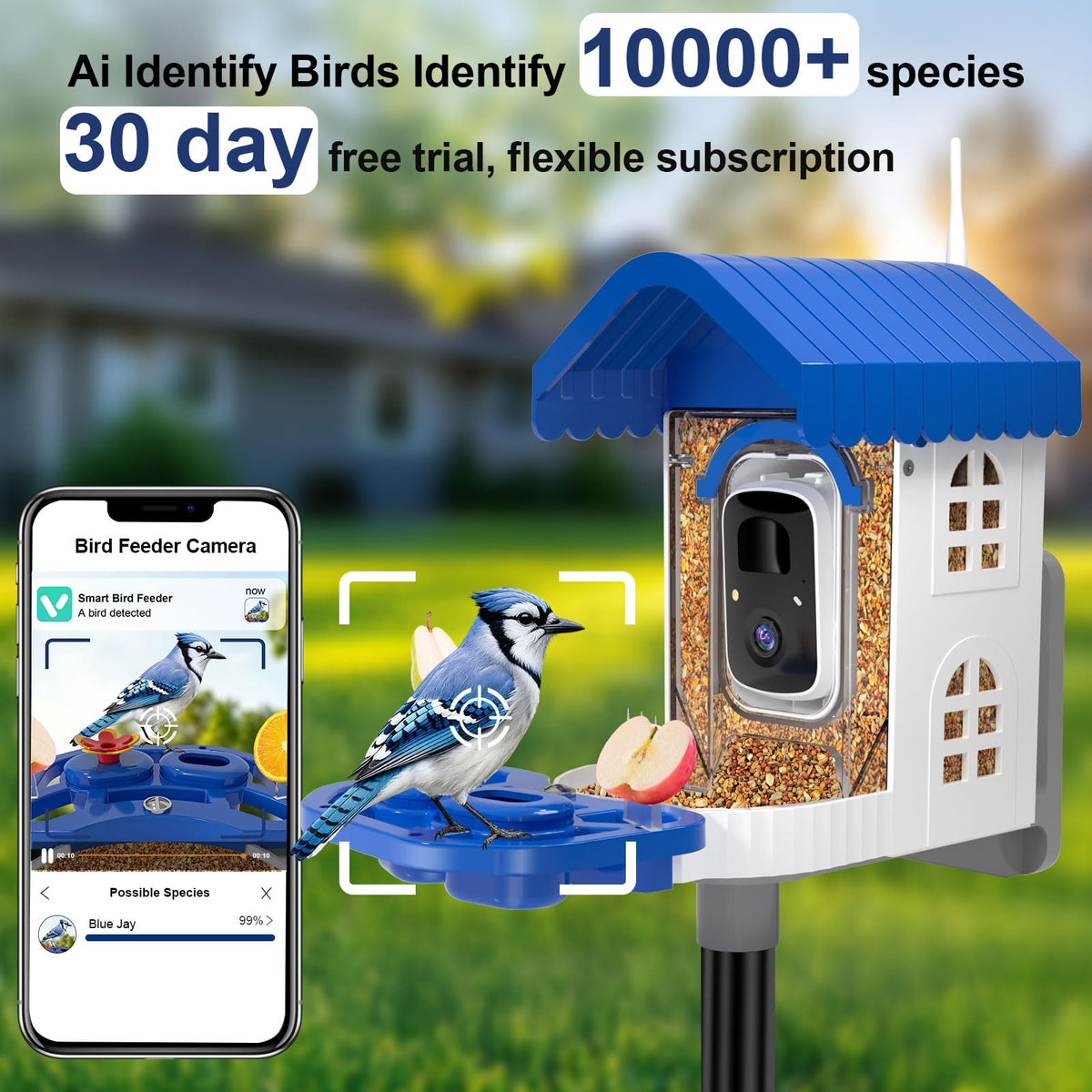 NEEZUKAR Smart Bird Feeder with Camera Solar Powered, AI Species Identification, 2K HD Video, Instant Arrival Alerts, Weatherproof Design for Outdoor, Best Gift for Bird Lovers(Blue)