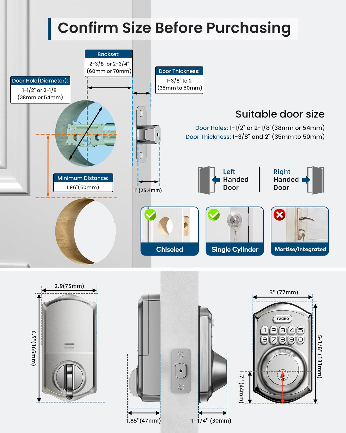 TEEHO TE011W WiFi Keypad Deadbolt, Smart Locks for Front Door, Satin Nickel