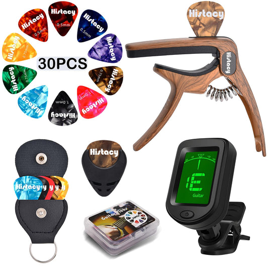 Histacy Guitar Accessories Kit: Clip-On Guitar Tuner, 3-in-1 Capo, 30 Picks & Storage for Acoustic, Electric Guitar, Bass & Ukulele, All-in-One Perfect Guitar Gift Set for Men & Beginners & Pros