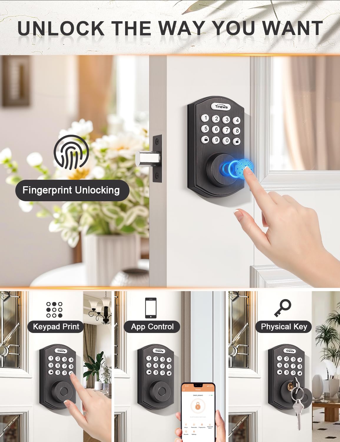 Tinewa Smart Locks for Front Door - Oil Rubbed Bronze Keyless Entry Door Lock Deadbolt, Electronic Digital Keypad Deadbolt with Fingerprint, APP Control, Easy Installation, Home Security