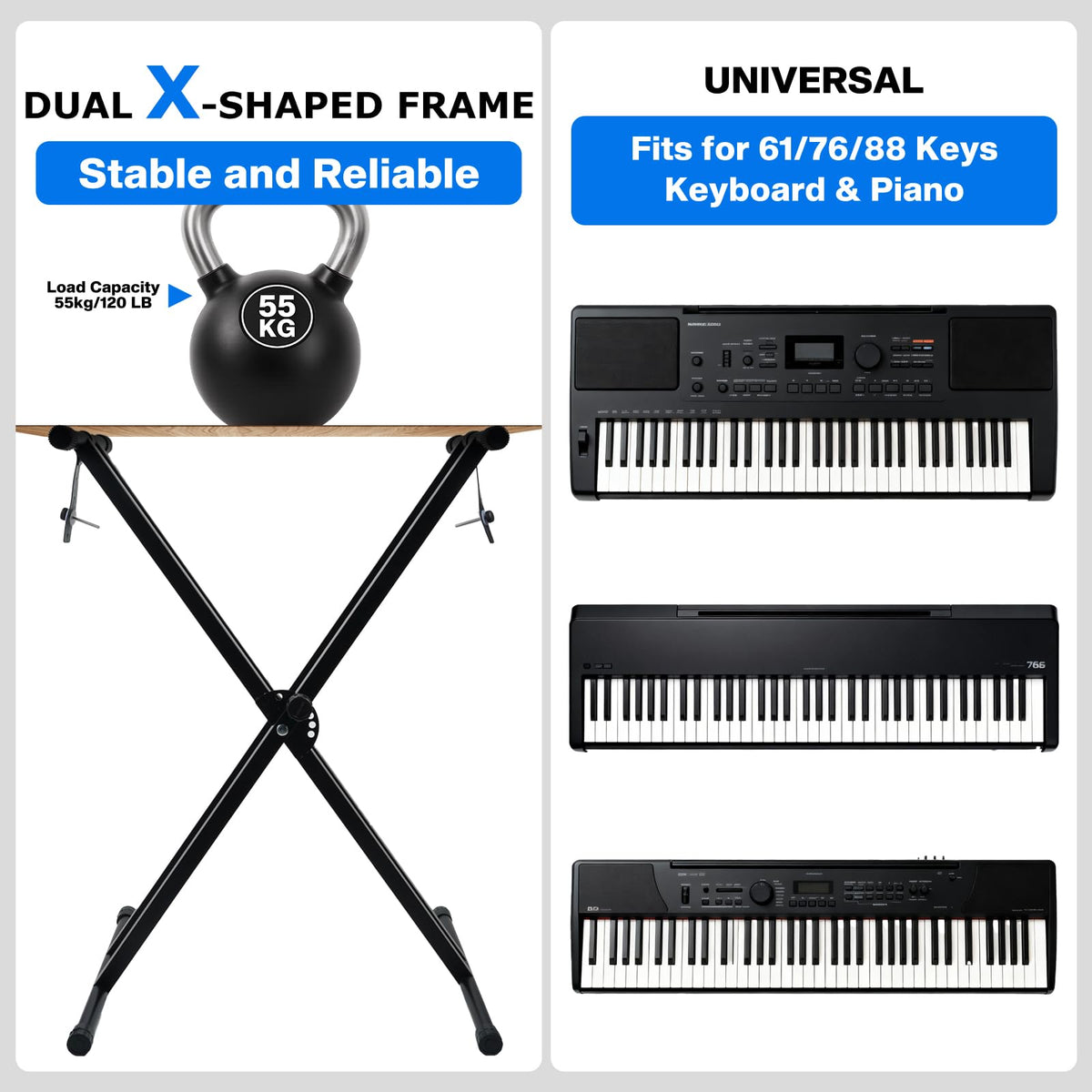 Double-X Keyboard Stand,7 Adjustable Heights Piano Stand with Locking Straps, Heavy Duty Piano Keyboard Stand Fits for 54，61，88 Key Digital Pianos