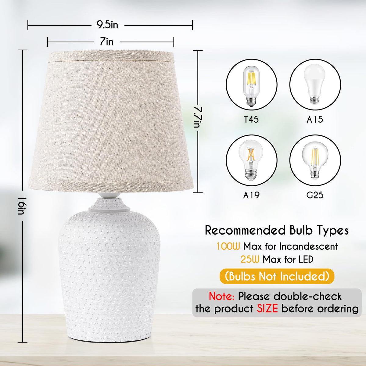 16’’ Small Table Lamps Set of 2 for Bedroom, Nightstand Lamp Beige & White