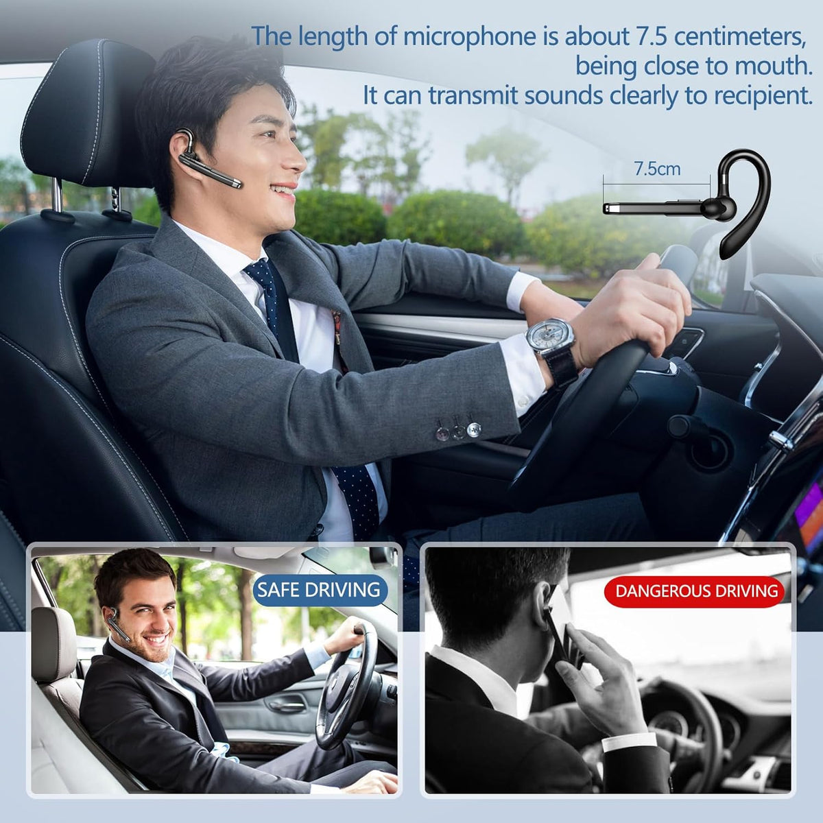 Bluetooth Headset, Bluetooth Wireless Earpiece with mic Trucker Headset for Phone Case Office Phones with Built-in Microphone Manos Libres Noise Cancelling(Black)