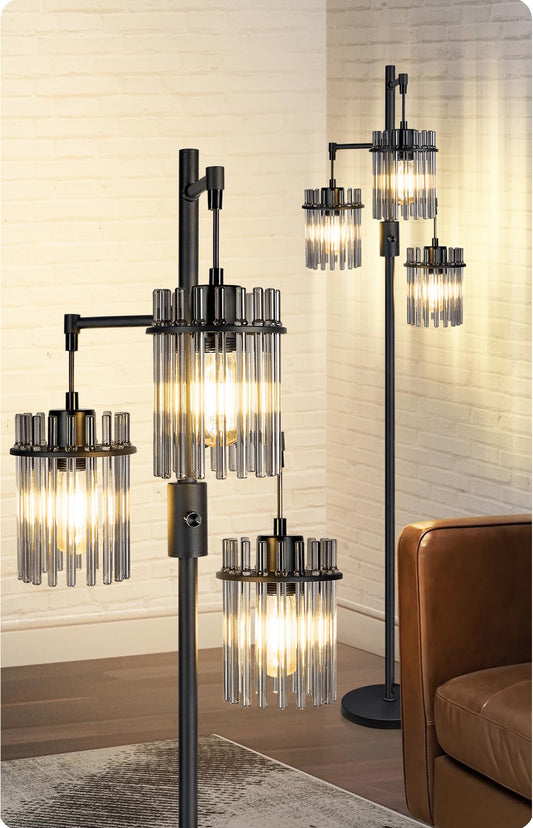 Dimmable Black Crystal Standing Farmhouse Tree Floor Lamp for Living Room