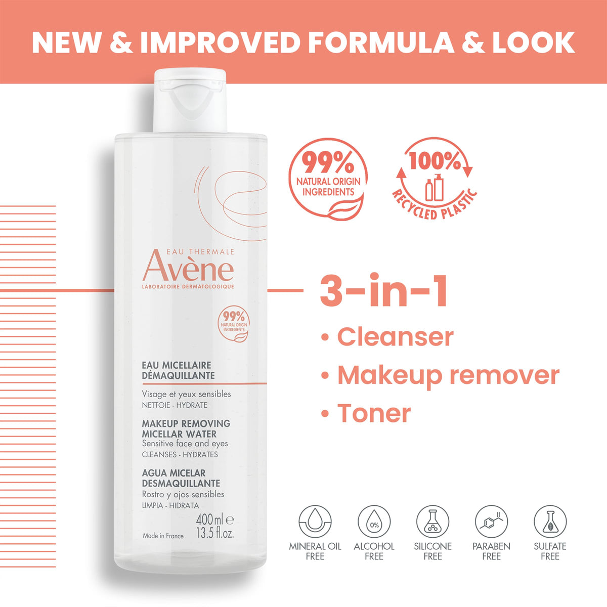 Avène Micellar Water 3-in-1 Makeup Remover & Cleanser, 13.5 fl oz