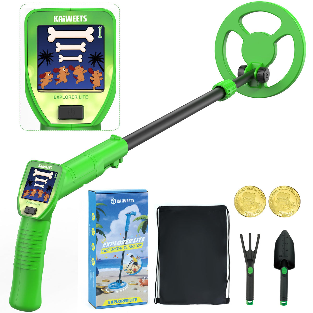KAIWEETS Kids Metal Detector, 2026 New Animated Color Screen, Adjustable Stem, Lightweight, Treasure Hunt Gift, Complete Starter Kit with Backpack, Bonus Coins, Shovel, Rake (Explorer LITE)