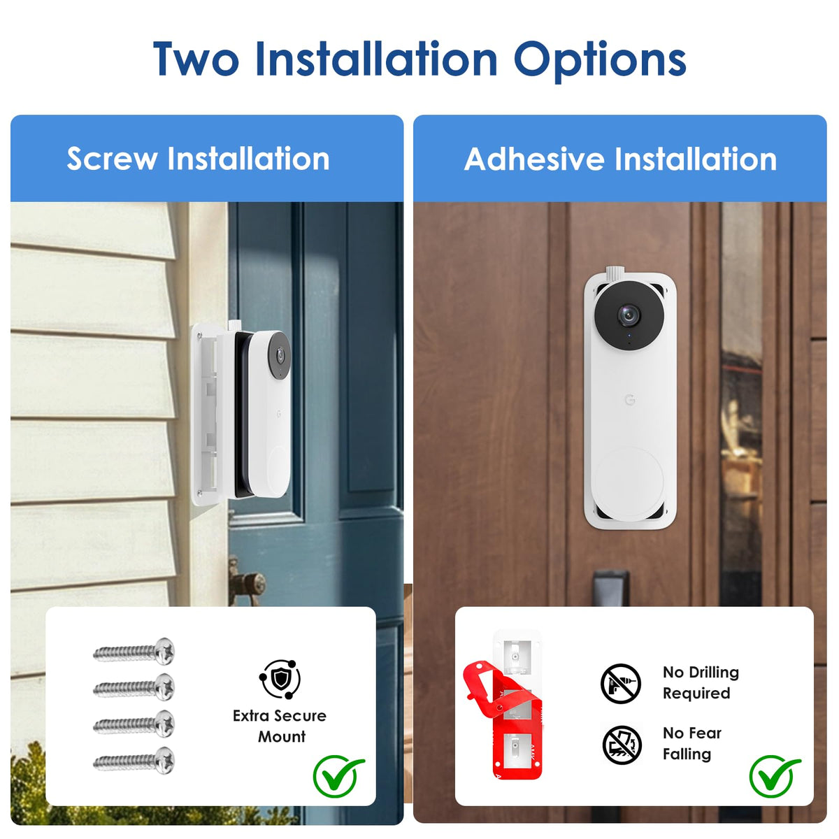 No Drill Doorbell Mount for Google Nest Doorbell Wired(3rd/2nd Gen)/Google Nest Hello Doorbell, 45° Left & Right Adjustment Angel Door Bell Wedge Mount for Apartment, No Drill Mounting Bracket-White