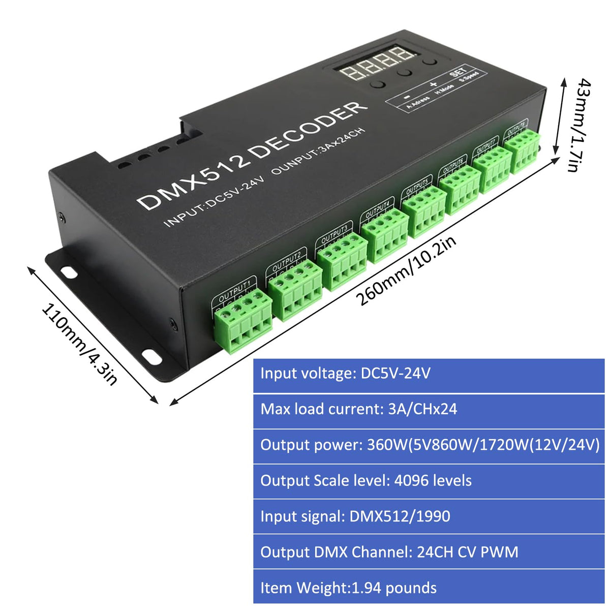 24 Channel DMX Decoder Controller with Digital Display, Dimming Driver DMX512 LED Controller for RGB Strip Light, DC5V-24V 3A/CH