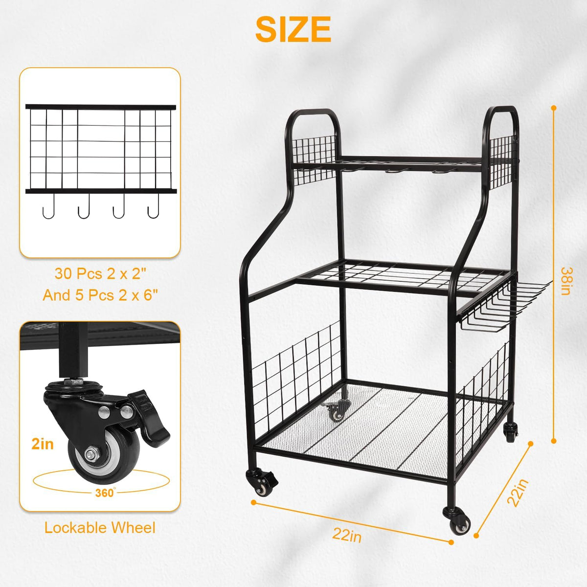 FZK Garden Tool Organizer,Heavy Duty Steel Yard Tool Organizer for Garage,Up to 49 Long-Handled Tools, Garden Tool Storage with Wheels,Garden Tool Organizer for Garage,Black